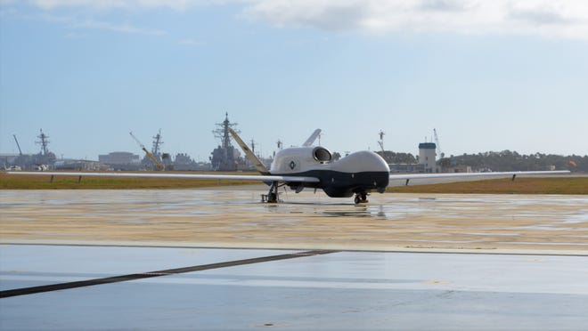 The first of up to four new MQ-4C Triton drones ass igned to Naval Station Mayport, after flying in from California early Thursday.